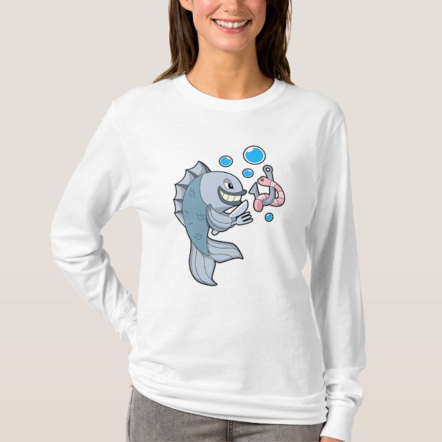 Fisch mit Fischhaken und Wurm T-Shirt (Vorderseite)
