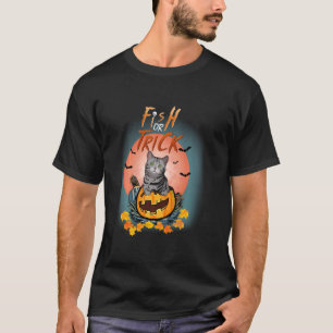 Fisch oder Behandle schwarze Katze Kürbis Streich T-Shirt