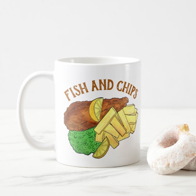 Fisch und Chips Mushy Peas British Pub Fare UK Foo Kaffeetasse (Mit Donut)