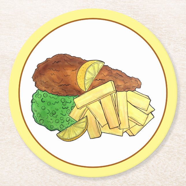 Fisch und Chips Peas British Pub Restaurant Lebens Runder Pappuntersetzer (Vorderseite)