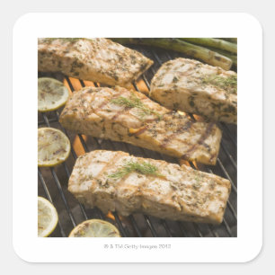 Fisch und Spargel, Grillgerichte Quadratischer Aufkleber