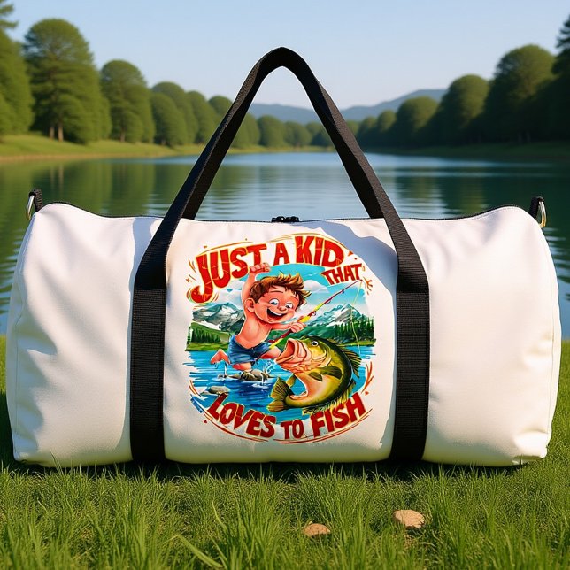 Fischabenteuer: Nur ein Kind, das gerne fischt Duffle Bag (Von Creator hochgeladen)