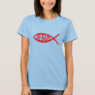 Fischartiger Jesus im Rot T-Shirt