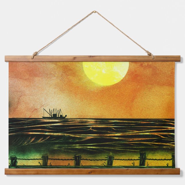 Fischboot auf dem Wasser Wandteppich Mit Holzrahmen (Vorne)
