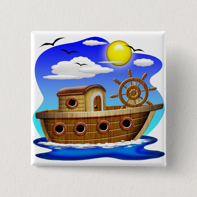 Fischboot-Cartoon Button (Vorderseite)