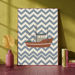 Fischboot Chevron Blau Jungen Kinderzimmer Kunstpr Poster