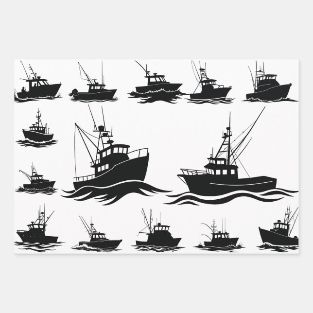 Fischboot-Silhouetten-Muster-Wrap-Papier Geschenkpapier Set (Vorderseite)