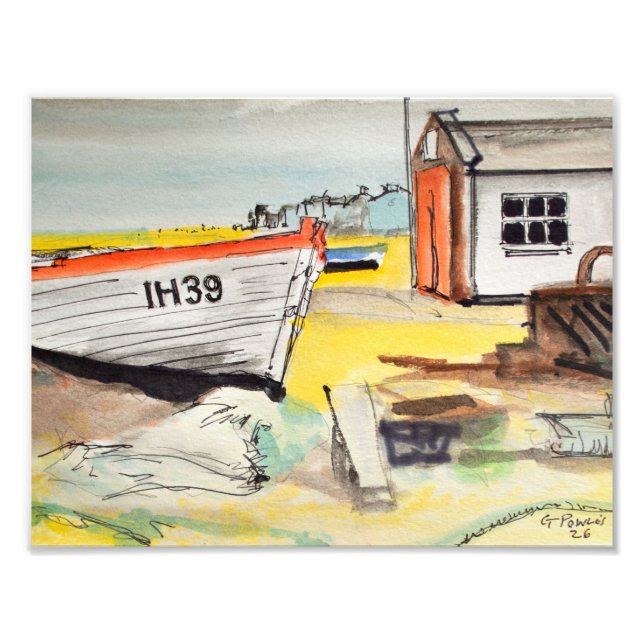 Fischboot und Strandhütte Fotodruck (Vorne)