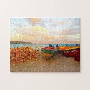 Fischboote an einem jamaikanischen Strand. Puzzle