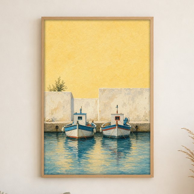 Fischboote in einem winzigen Hafen Wasserfarbenpos Poster (Shown framed for scale. Poster ships unframed; frames are an optional add-on.)