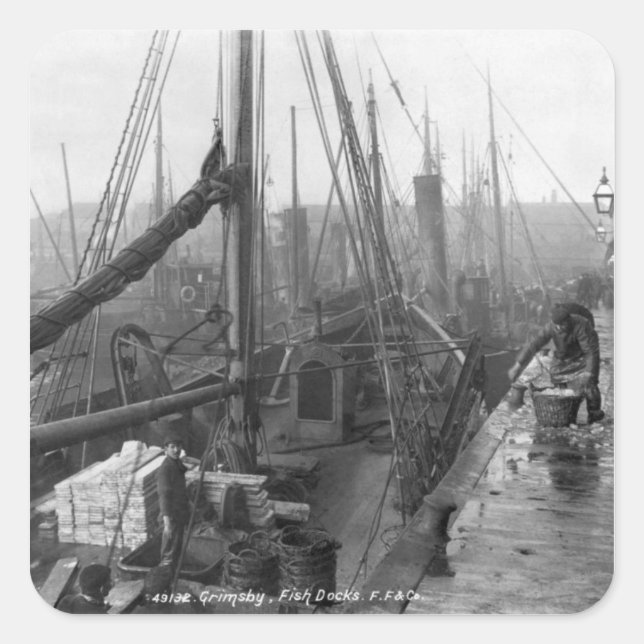 Fischdocks, Grimsby, Anfang des 20. Jahrhunderts Quadratischer Aufkleber (Vorderseite)