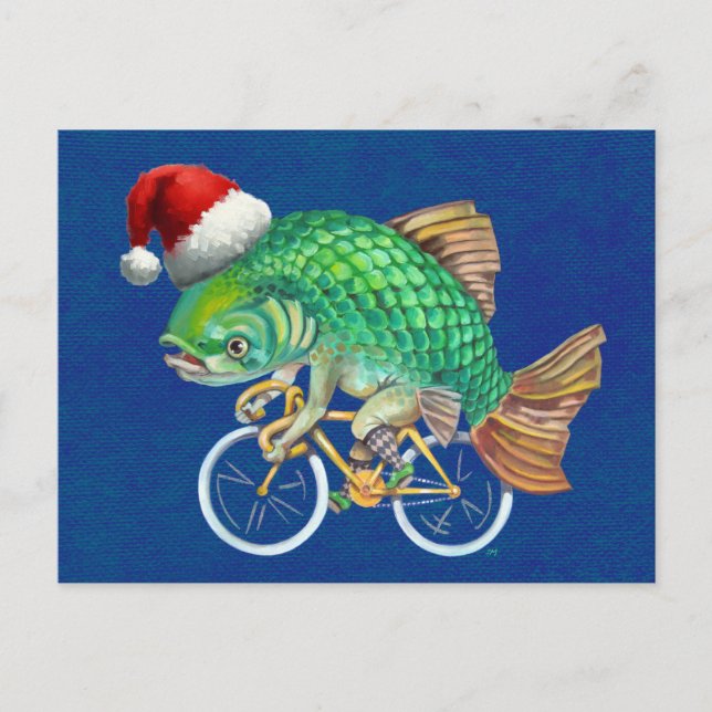 Fische auf Fahrradtrage Weihnachtsmannmütze Feiertagspostkarte (Vorderseite)