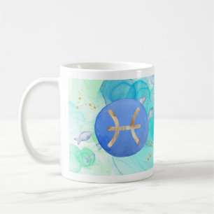 Fische Blau Grün Aquarell Astrologie Tierkreiszeic Kaffeetasse