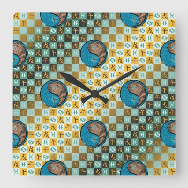 Fische & Erdpferd Quadratische Wanduhr (Vorderseite)