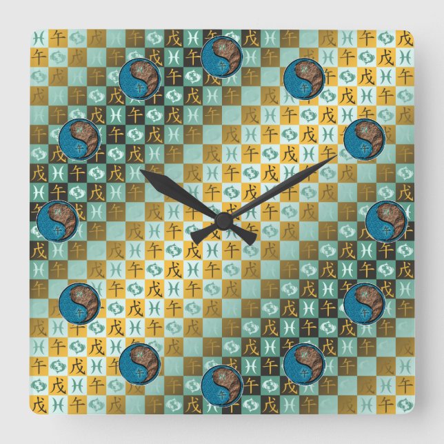 Fische & Erdpferd Quadratische Wanduhr (Vorderseite)