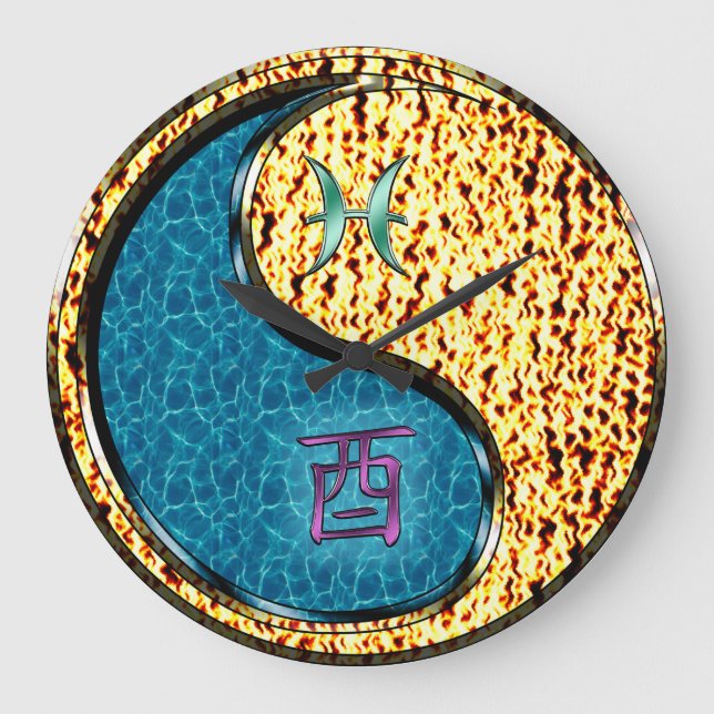 Fische & Feuer Hahn Große Wanduhr (Vorderseite)