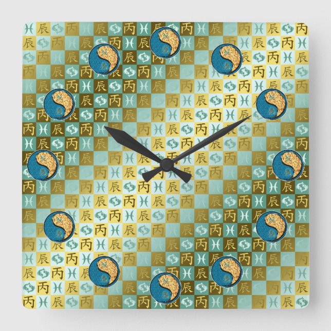 Fische & Feuerdrache Quadratische Wanduhr (Vorderseite)