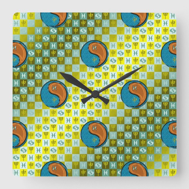 Fische & Holzaffe Quadratische Wanduhr (Vorderseite)