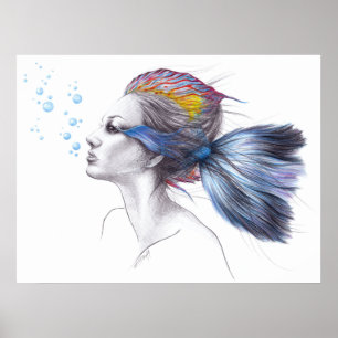 Fische Meerjungfrau Portrait Surreal zeichnend Kun Poster