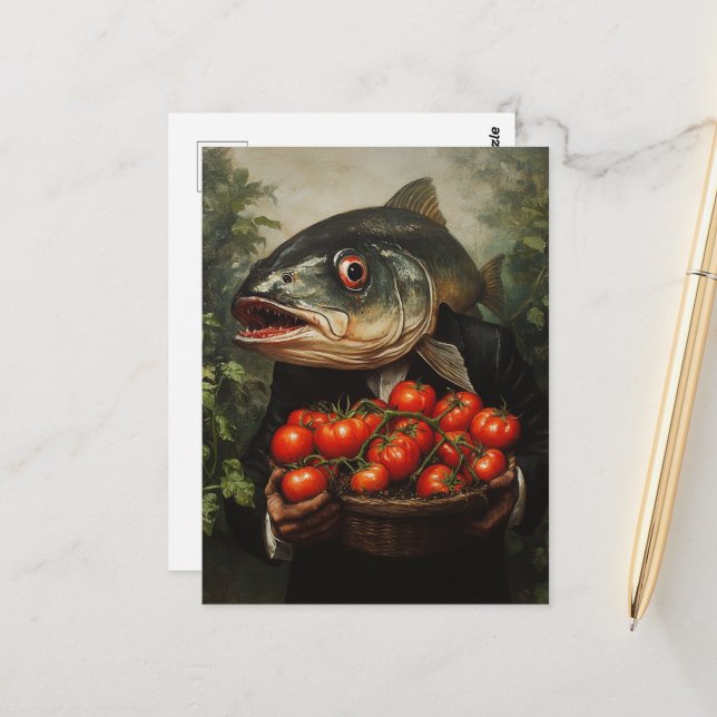 Fische mit einem Korb voller Tomaten Postkarte (Vorderseite/Rückseite Beispiel)