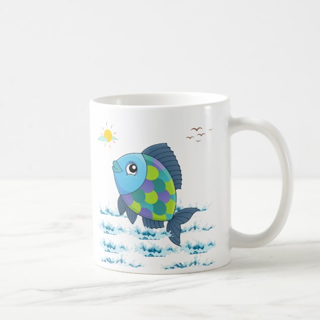 Fische mit Sonne und Vögel im Himmel über Wasser C Kaffeetasse (Rechts)