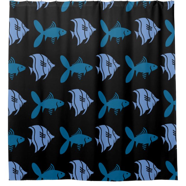 Fische Schwimmen Grafisches Blau auf jeder Farbe Duschvorhang (Vorderseite)