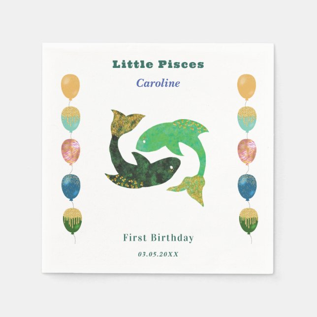 Fische Sternzeichen 1. Geburtstag Ballons & Künstl Serviette (Vorderseite)