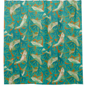 FISCHE UND ALGAES BLAUES YELLOW Art Nouveau Muster Duschvorhang