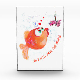 Fische und Wurm Liebe Romantischer Cartoon Zeichne Fotoblock