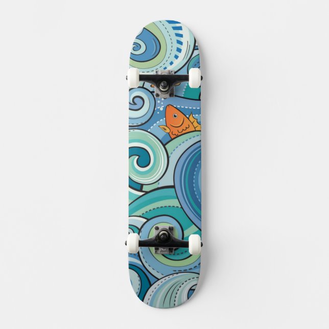 Fische unter dem Wellen-Muster Skateboard (Vorderseite)