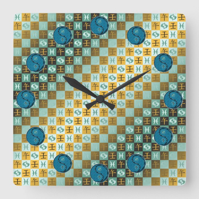 Fische & Wasserpferd Quadratische Wanduhr (Vorderseite)