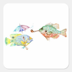 Fische - Zwei Fische Art Drucken Aquarellmalerei Quadratischer Aufkleber