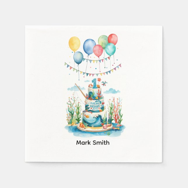 Fischen 1. Geburtstag Party mit Kuchendekoration Serviette (Vorderseite)
