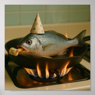 Fischen in einem Skillet mit einem Party, auf dem Poster