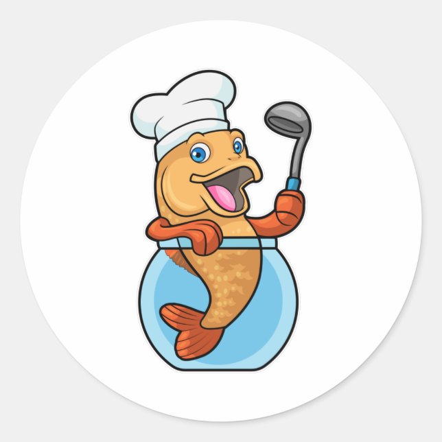 Fischen in Glas als Koch mit Soup-Löffel Runder Aufkleber (Vorderseite)