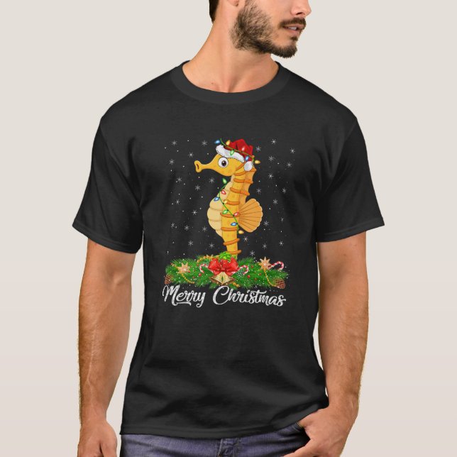 Fischen Lover Matching Weihnachtsmannmütze Seepfer T-Shirt (Vorderseite)