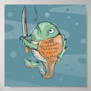 Fischen mit Messer Poster