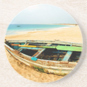 Fischen-Ruderboot auf dem Strand Untersetzer