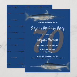 Fischen Themenalter große Zahl Geburtstag Blau Einladung