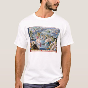 Fischend im seichten Wasser unter Verwendung der T-Shirt
