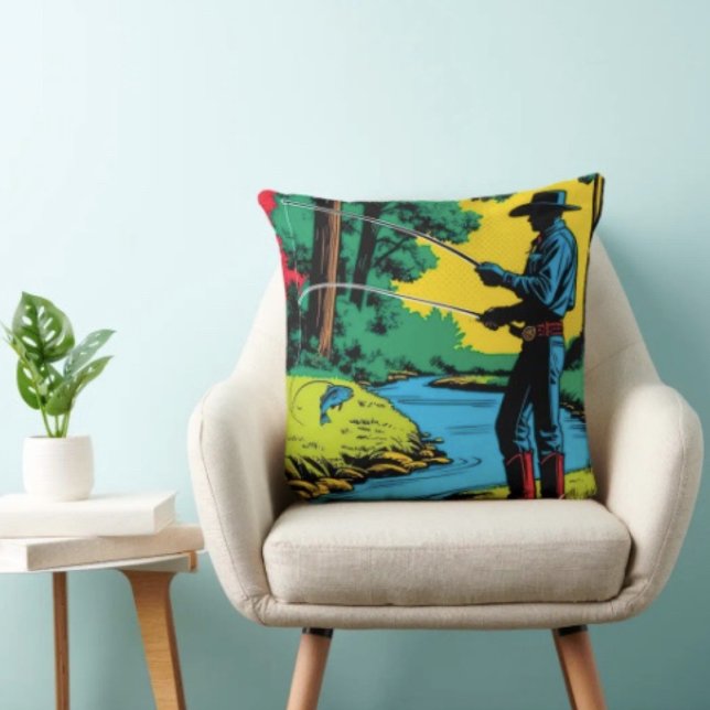 Fischer an der Riverbank Kissen (Retro Cowboy Fishing Riverside Scene pillow high quality 100% polyester hidden zipper enclosure.
)