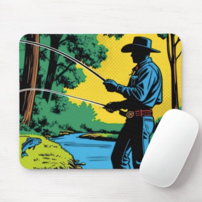 Fischer an der Riverbank Mousepad (Retro Cowboy Fishing Riverside Scene mouse pad durable dust and stain resistant.. Non-slip rubber.
)