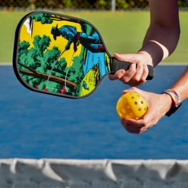 Fischer an der Riverbank Pickleball Schläger (Retro Cowboy Fishing Riverside Scene pickleball paddle hand wrapped grip honeycomb core. 8 oz weight)