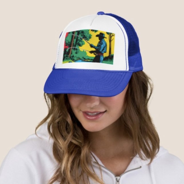 Fischer an der Riverbank Truckerkappe (Cowboy Fishing Trucker Hat   Adjust from 17" to 24" 100% polyester foam front 100% nylon mesh back. )