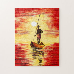 Fischer auf dem Boot bei Sonnenuntergang, Puzzle-M Puzzle