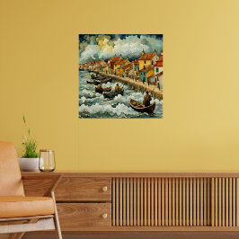 Fischer auf Schiffen im Stormy Sea Van Gogh-Stil Poster