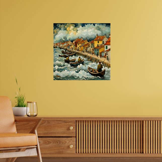 Fischer auf Schiffen im Stormy Sea Van Gogh-Stil Poster (Wohnzimmer 2)