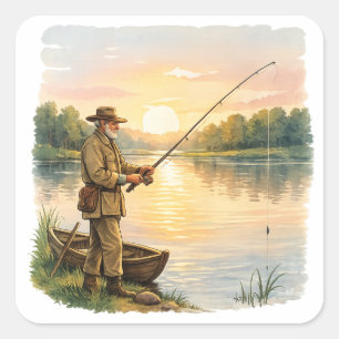 Fischer bei Sonnenuntergang am See Vintage Kunstge Quadratischer Aufkleber