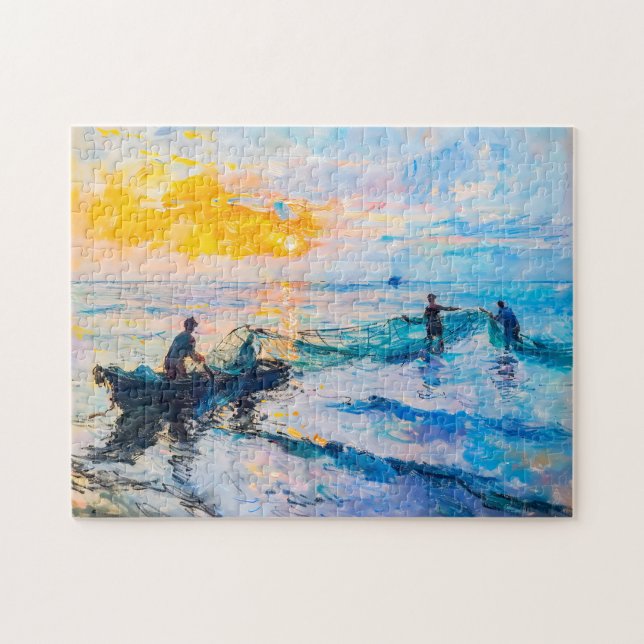 Fischer bei Sonnenuntergang Impressionistische Küs Puzzle (Horizontal)