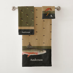 Fischer Fischen Forellen Tan Black Olive Badhandtuch Set